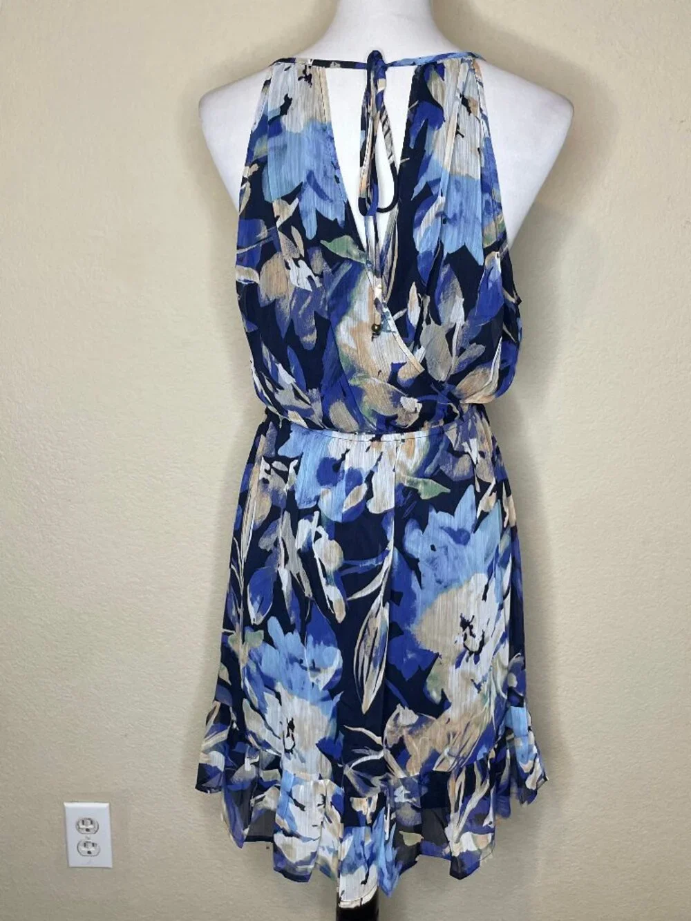 LOVESTITCH Boho Chiffon Halter Dress Blue Floral Surplice Wrap Flounce Trim L - Picture 8 of 15